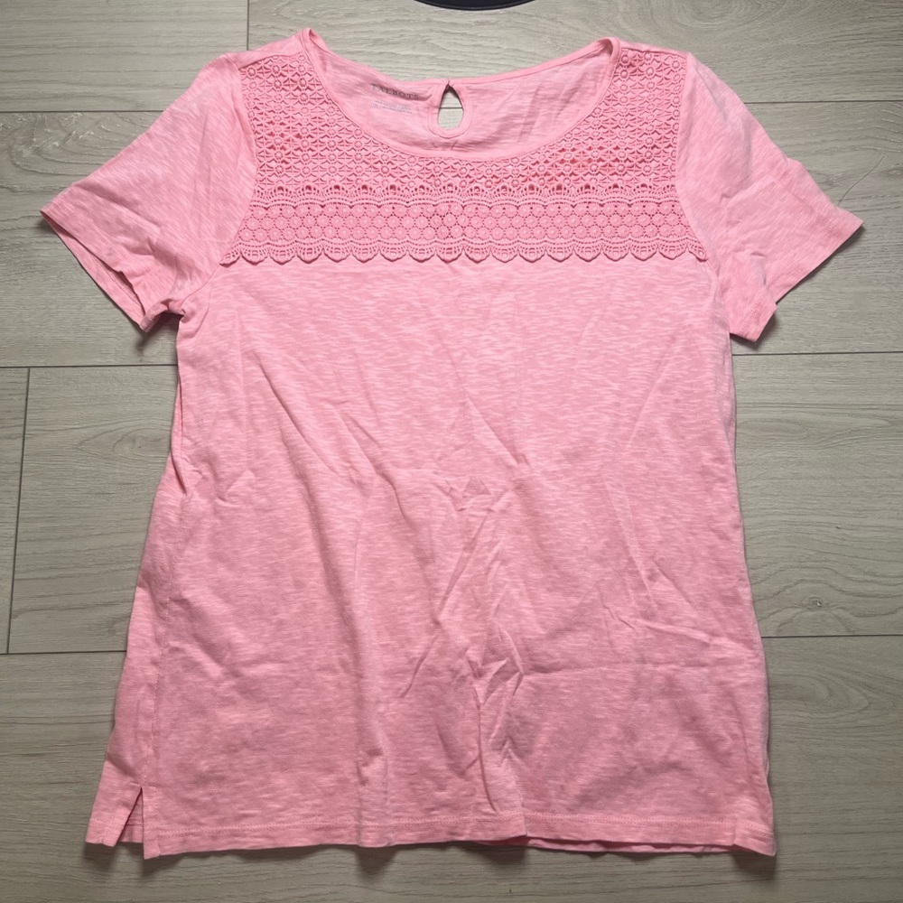 Talbots Top Womens Large Pink Short Sleeve Stretchy Crochet Lace Casual Basic